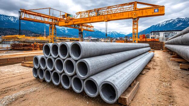 CEMENT LINING PIPES concrete pipes stacked on a construction site with crane photo